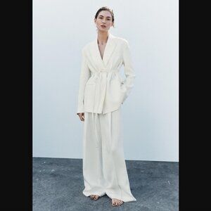 NEW ZARA LINEN BLEND BLAZER + PANTS CO-ORD SET 2464/586 WHITE M